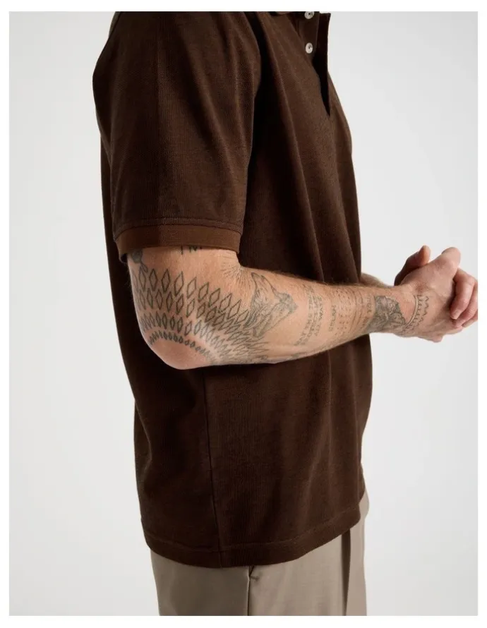 Basque Mercerised Cotton Birds Eye Polo in Brown