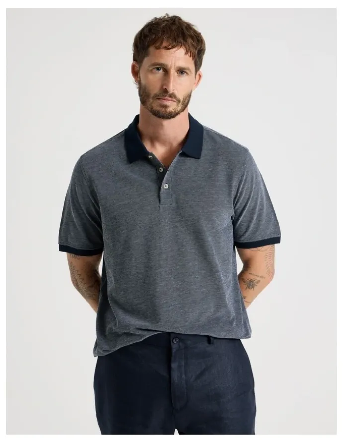 Basque Mercerised Cotton Birds Eye Polo in Navy