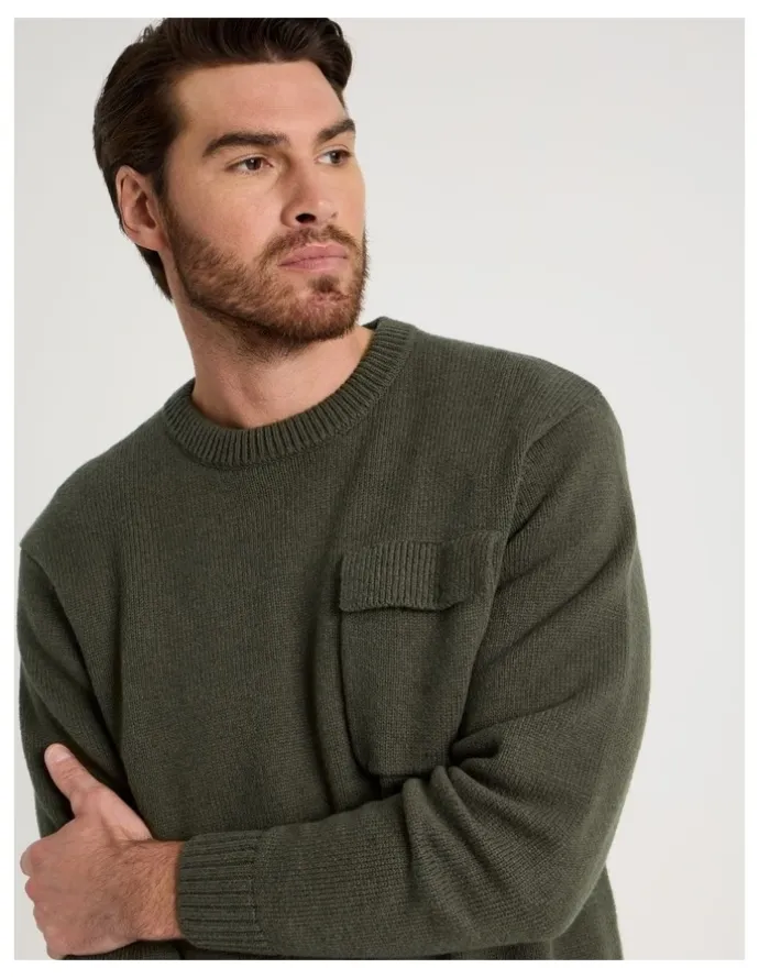 Basque Nep Yarn Knit Patch Pocket Sweater in Olive