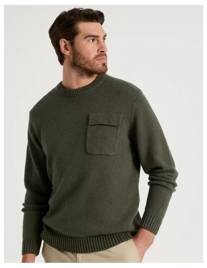 Basque Nep Yarn Knit Patch Pocket Sweater in Olive