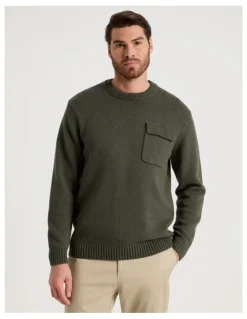 Basque Nep Yarn Knit Patch Pocket Sweater in Olive