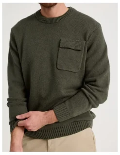 Basque Nep Yarn Knit Patch Pocket Sweater in Olive