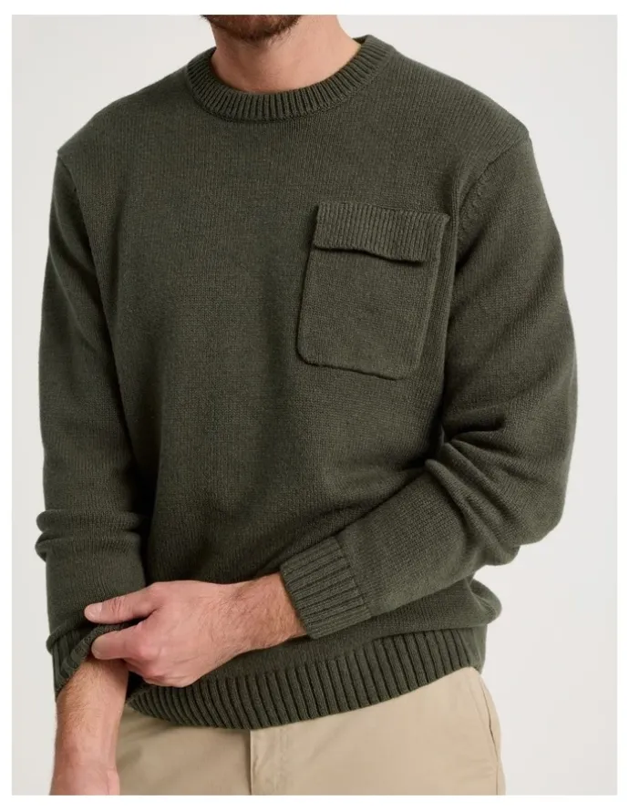 Basque Nep Yarn Knit Patch Pocket Sweater in Olive