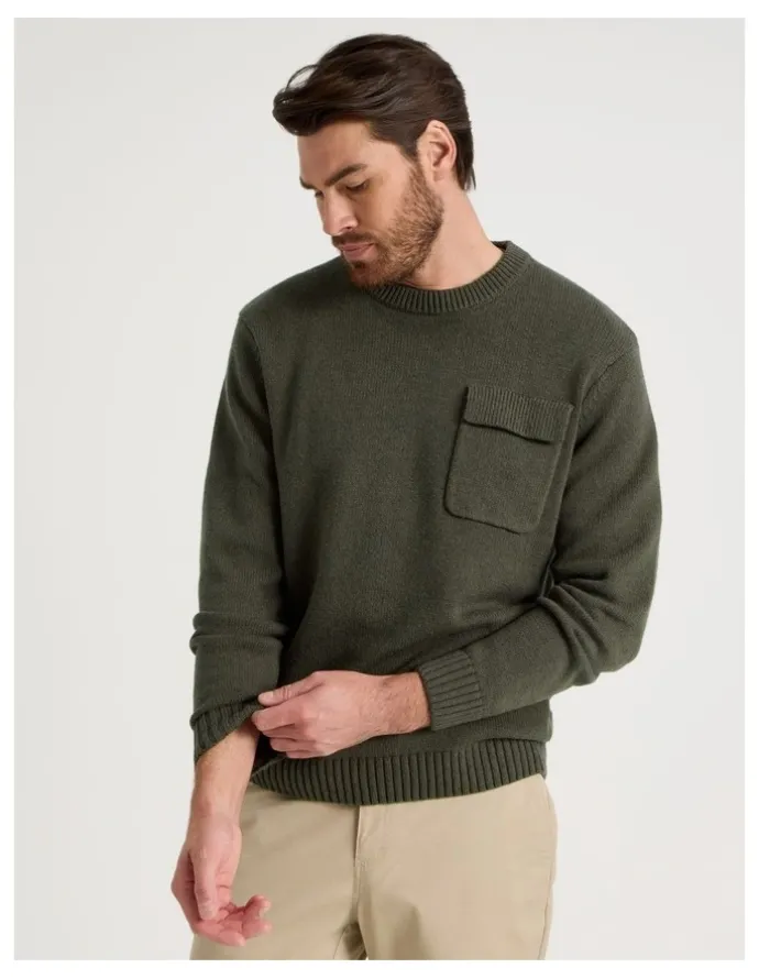 Basque Nep Yarn Knit Patch Pocket Sweater in Olive
