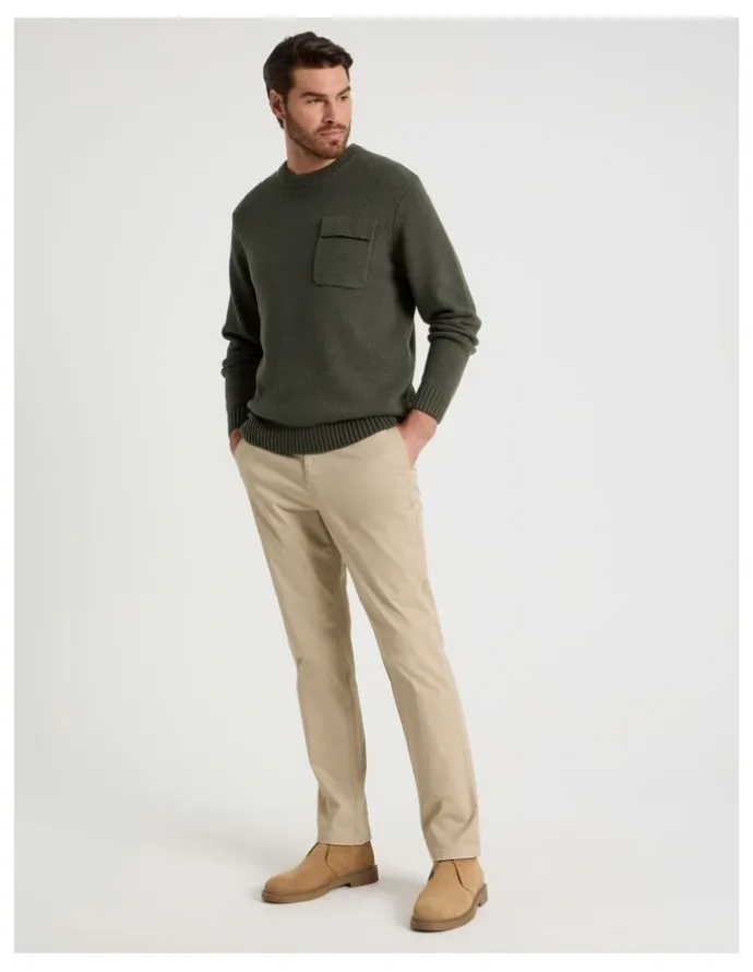 Basque Nep Yarn Knit Patch Pocket Sweater in Olive