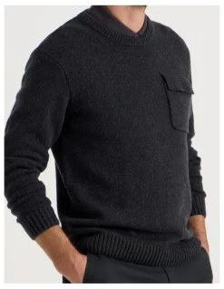 Basque Nep Yarn Knit Patch Pocket Sweater in Charcoal