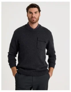 Basque Nep Yarn Knit Patch Pocket Sweater in Charcoal