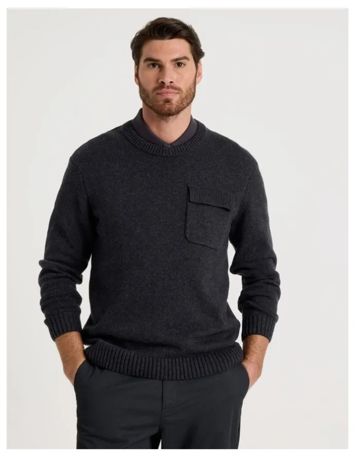 Basque Nep Yarn Knit Patch Pocket Sweater in Charcoal
