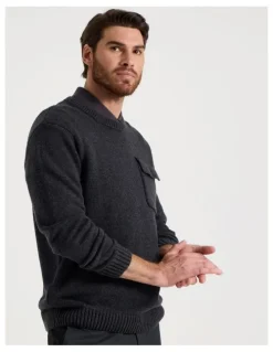 Basque Nep Yarn Knit Patch Pocket Sweater in Charcoal