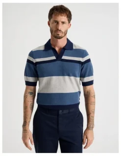 Basque Open Collar Knit Polo in Grey and Blue Stripe