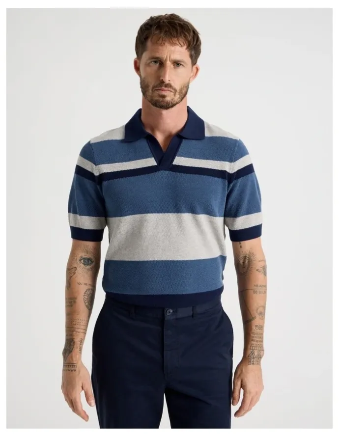 Basque Open Collar Knit Polo in Grey and Blue Stripe