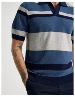 Basque Open Collar Knit Polo in Grey and Blue Stripe