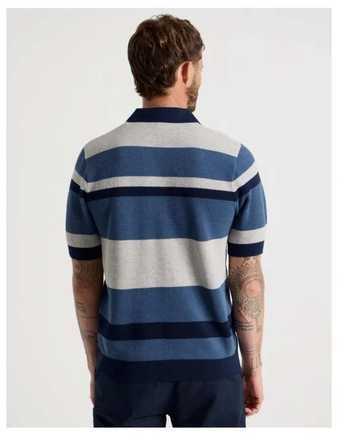 Basque Open Collar Knit Polo in Grey and Blue Stripe