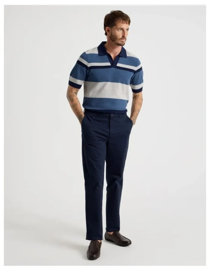 Basque Open Collar Knit Polo in Grey and Blue Stripe