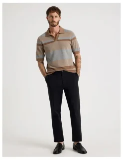 Basque Open Collar Knit Polo in Brown Stripe