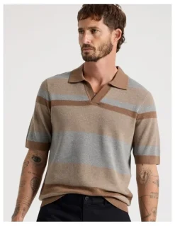 Basque Open Collar Knit Polo in Brown Stripe