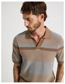 Basque Open Collar Knit Polo in Brown Stripe