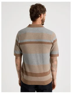 Basque Open Collar Knit Polo in Brown Stripe
