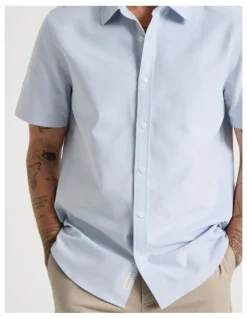 Basque Oxford Cotton Short Sleeve Shirt in Light Blue