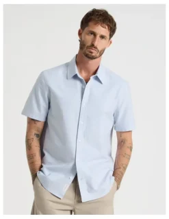 Basque Oxford Cotton Short Sleeve Shirt in Light Blue