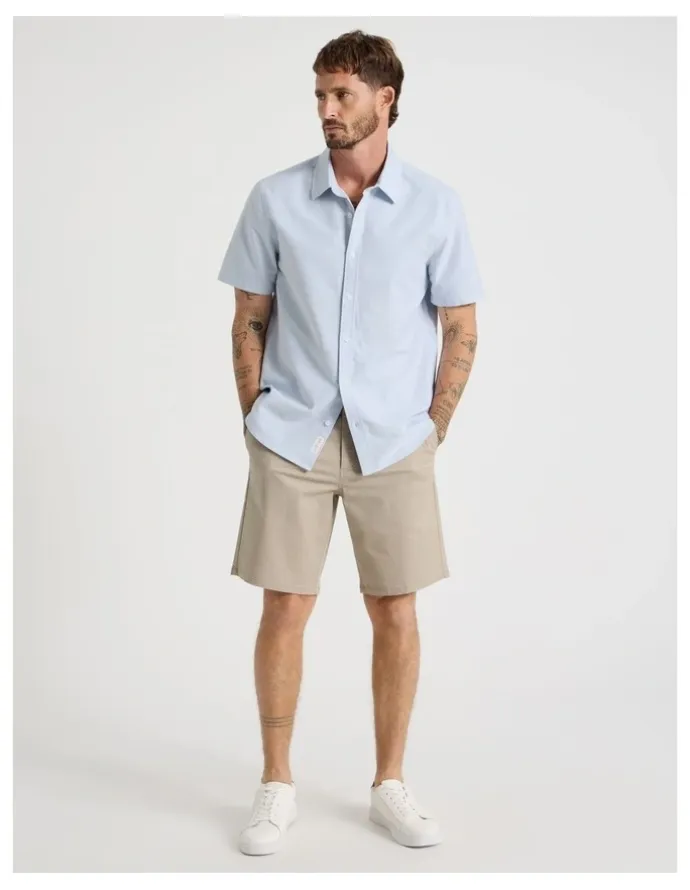 Basque Oxford Cotton Short Sleeve Shirt in Light Blue