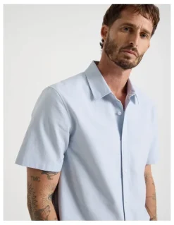Basque Oxford Cotton Short Sleeve Shirt in Light Blue