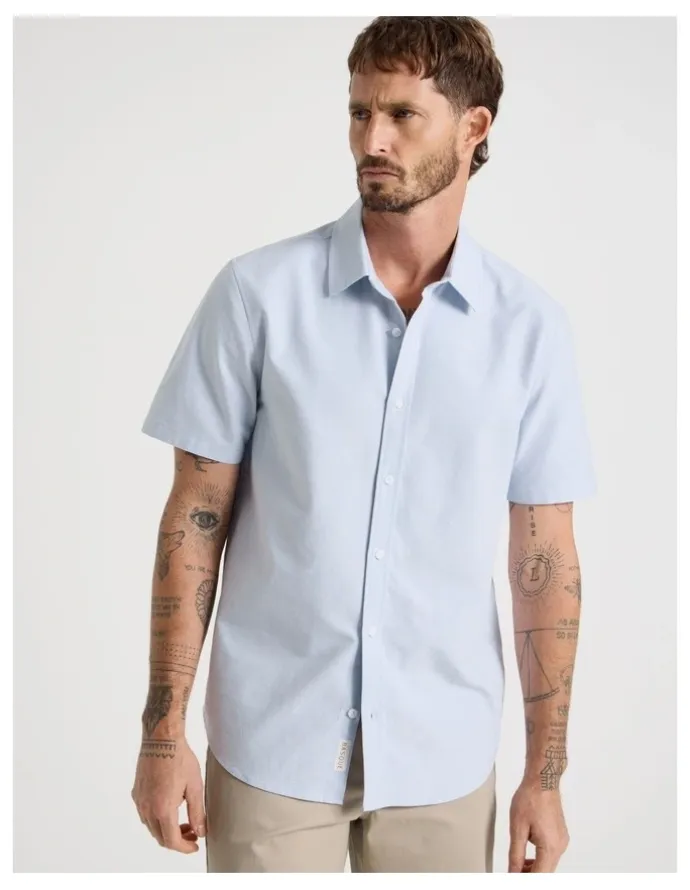 Basque Oxford Cotton Short Sleeve Shirt in Light Blue