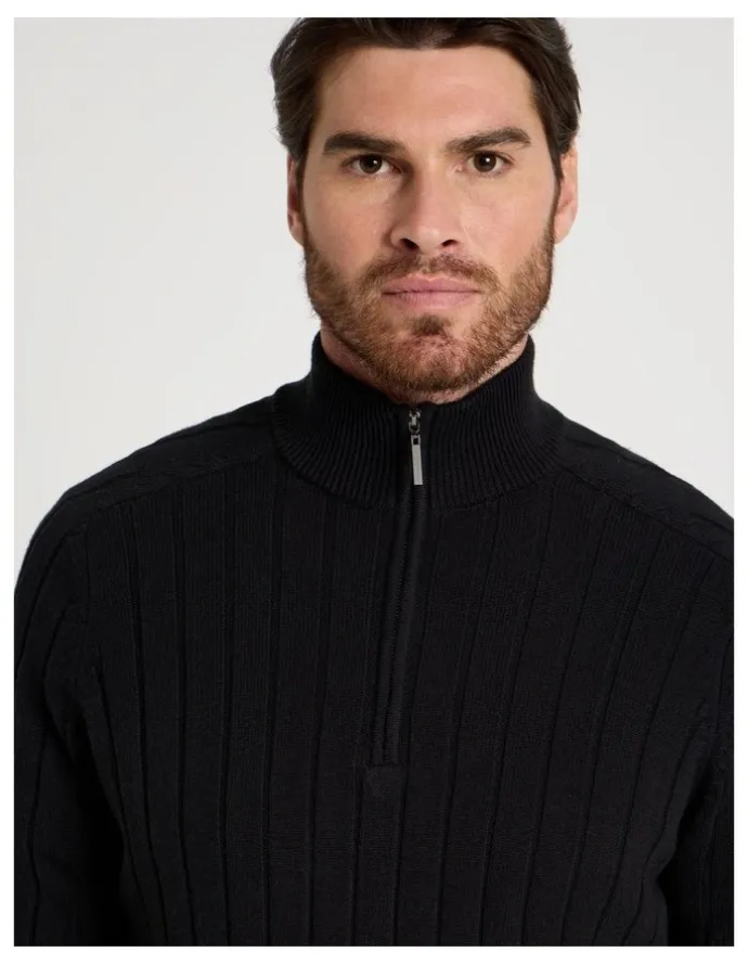 Basque Rib Quarter Zip Sweater in Black