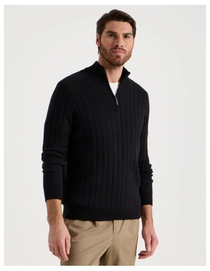 Basque Rib Quarter Zip Sweater in Black