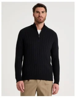Basque Rib Quarter Zip Sweater in Black