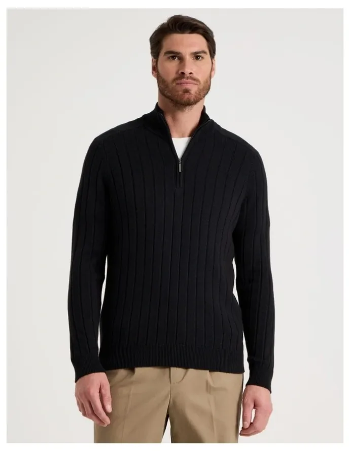 Basque Rib Quarter Zip Sweater in Black