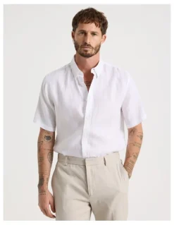 Basque Short Sleeve Linen Shirt in White