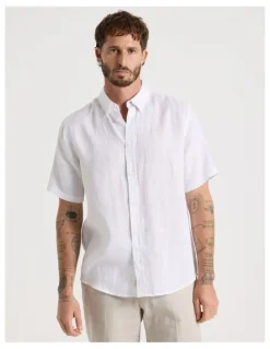 Basque Short Sleeve Linen Shirt in White
