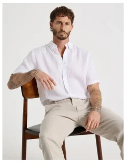 Basque Short Sleeve Linen Shirt in White