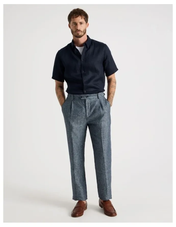 Basque Short Sleeve Linen Shirt in Navy