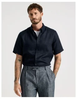 Basque Short Sleeve Linen Shirt in Navy