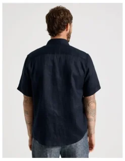 Basque Short Sleeve Linen Shirt in Navy