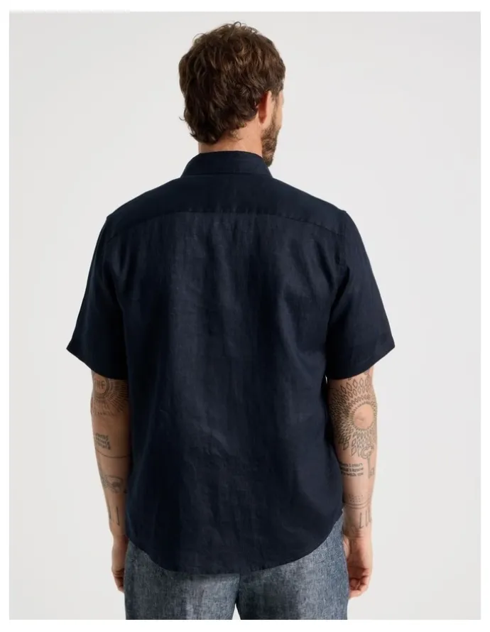 Basque Short Sleeve Linen Shirt in Navy