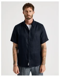 Basque Short Sleeve Linen Shirt in Navy