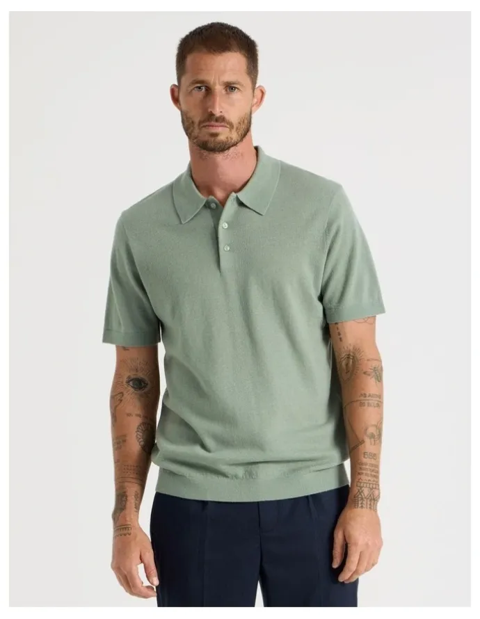 Basque Short Sleeve Merino Knit Polo in Light Green