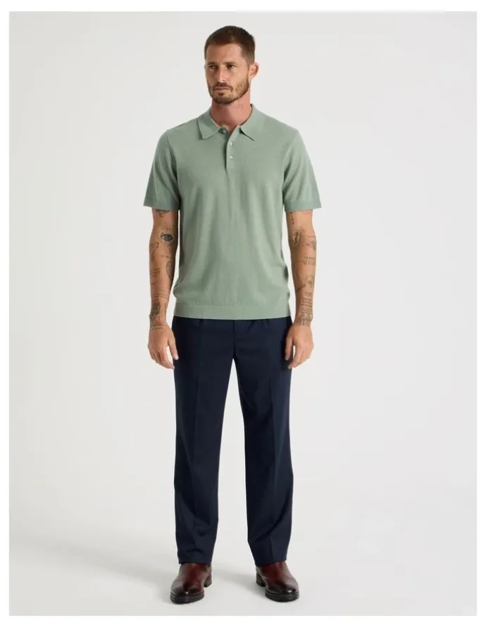 Basque Short Sleeve Merino Knit Polo in Light Green