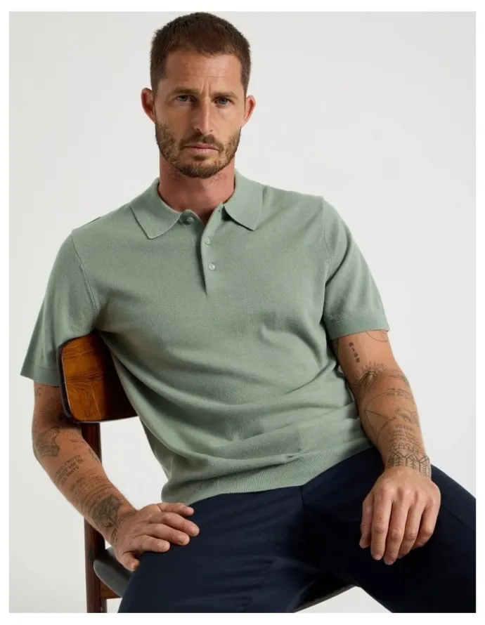 Basque Short Sleeve Merino Knit Polo in Light Green