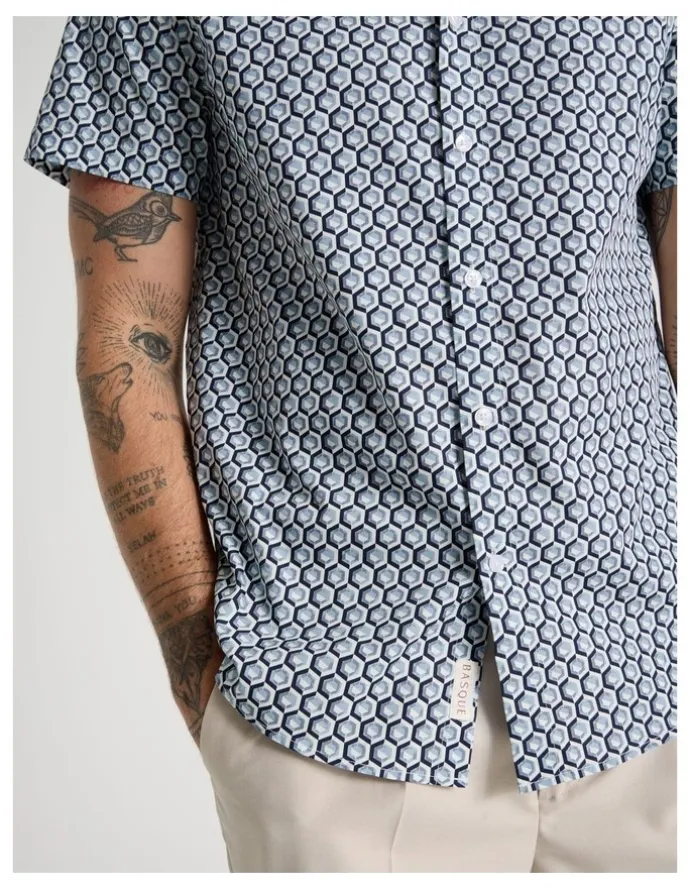 Basque Short Sleeve Shirt in Blue Geometric Print