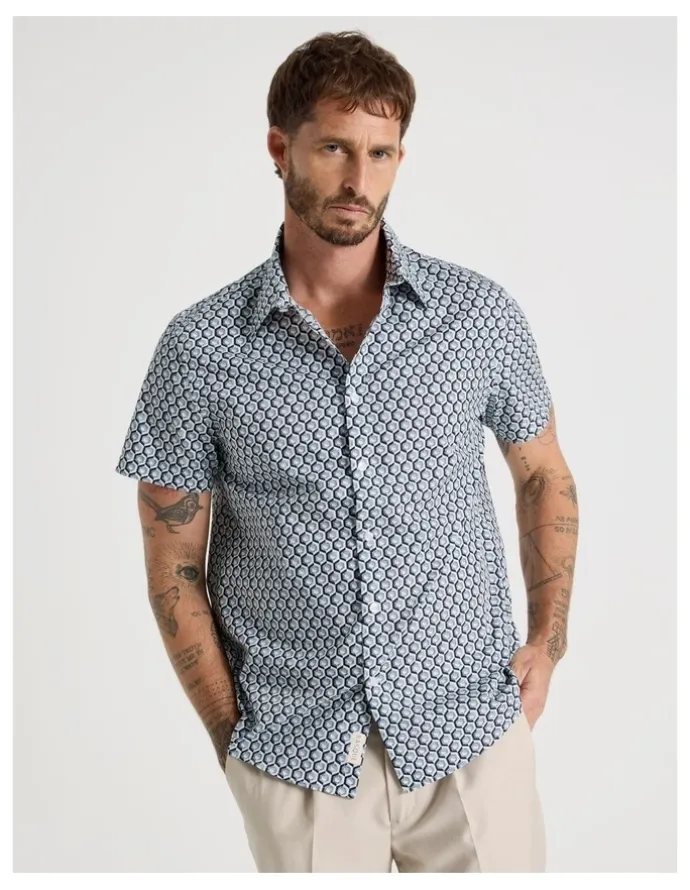 Basque Short Sleeve Shirt in Blue Geometric Print