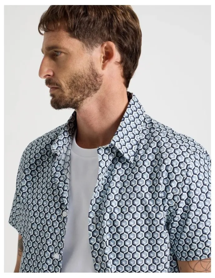 Basque Short Sleeve Shirt in Blue Geometric Print