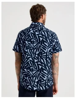 Basque Short Sleeve Shirt in Navy Leaf Print