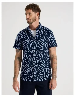 Basque Short Sleeve Shirt in Navy Leaf Print