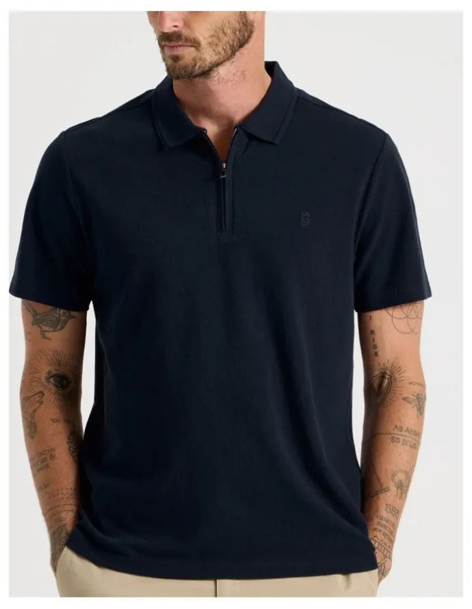 Basque Short Sleeve Zip Polo in Navy