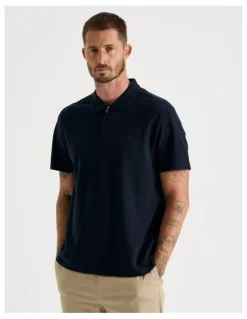 Basque Short Sleeve Zip Polo in Navy