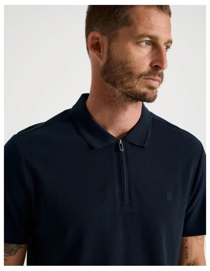 Basque Short Sleeve Zip Polo in Navy